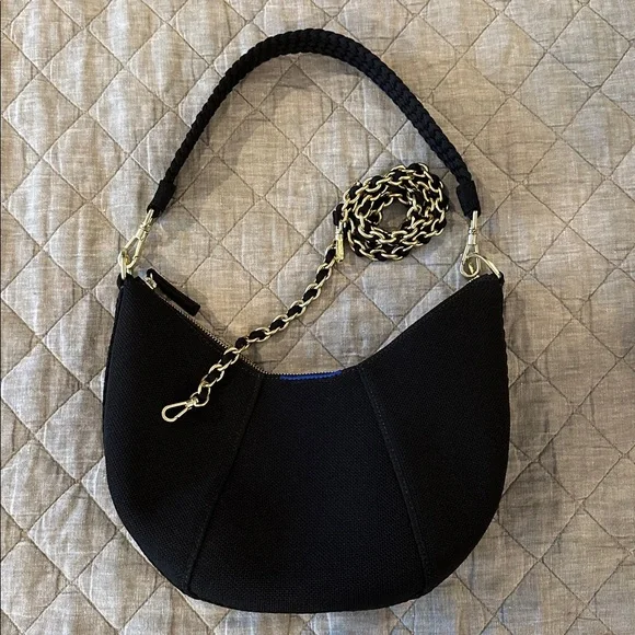 Rothy’s Braided Crescent Bag Black w/ added gold crossbody strap - Picture 8 of 9
